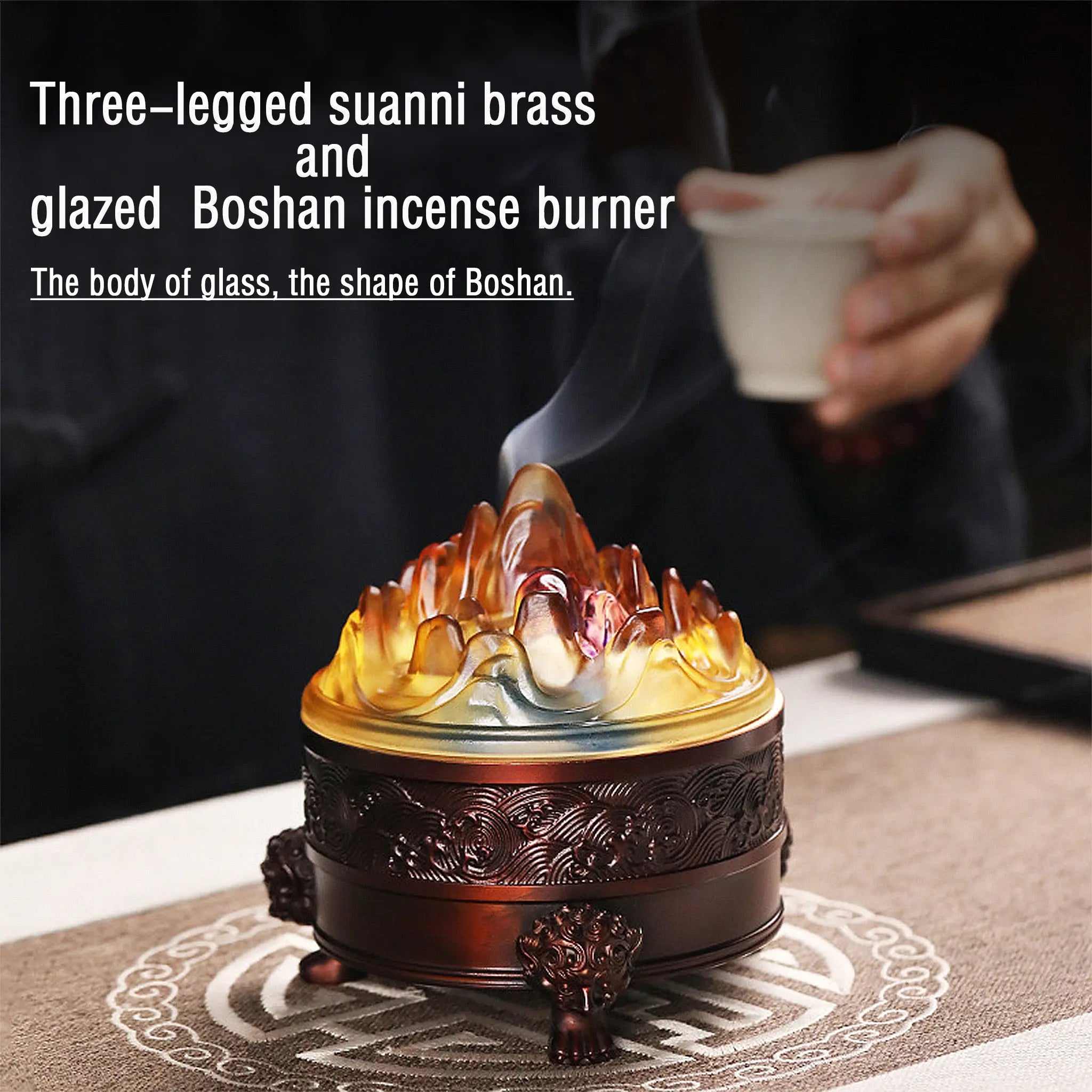 Three-Legged Suanni Brass and Glazed Boshan Incense Burner NewZen